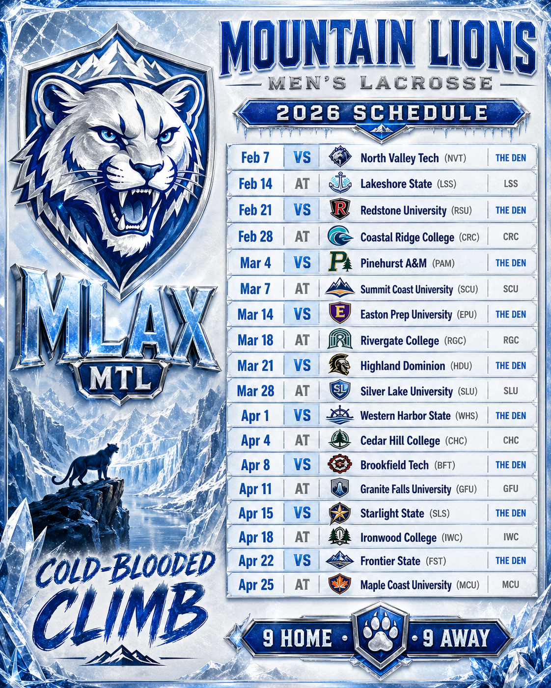Mountain Lions men's lacrosse 2026 schedule graphic example